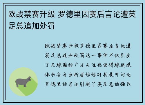 欧战禁赛升级 罗德里因赛后言论遭英足总追加处罚 欧战禁赛升级 罗德里因赛后言论遭英足总追加处罚