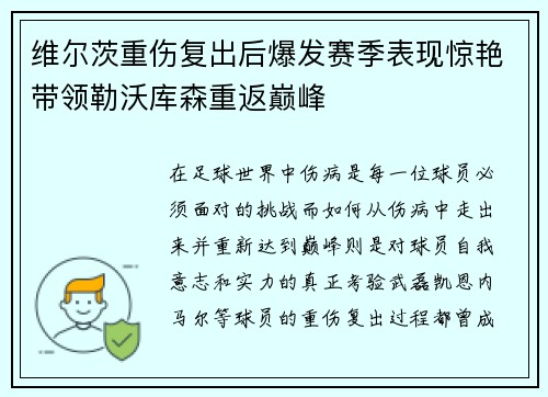 维尔茨重伤复出后爆发赛季表现惊艳带领勒沃库森重返巅峰 维尔茨重伤复出后爆发赛季表现惊艳带领勒沃库森重返巅峰